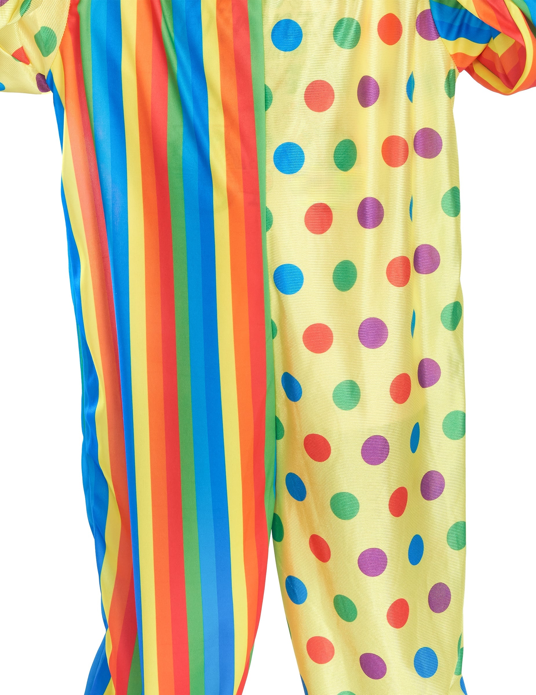 Gros plan sur les motifs à pois et rayures du déguisement de clown coloré pour enfant