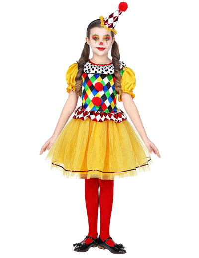 Costum de clovn colorat pentru fată multicolor, cu fustă galbenă și pălărie ascuțită