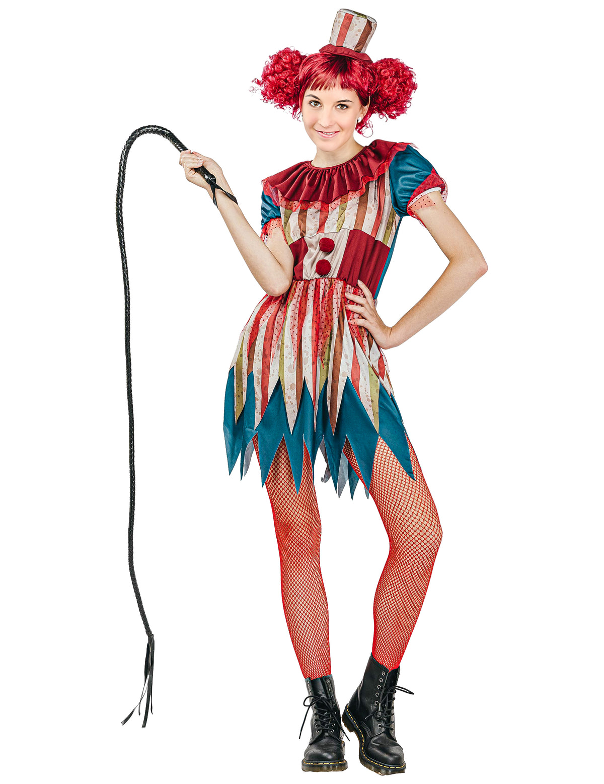 Déguisement clown tueur coloré Halloween pour femme multicolore à rayures avec fouet