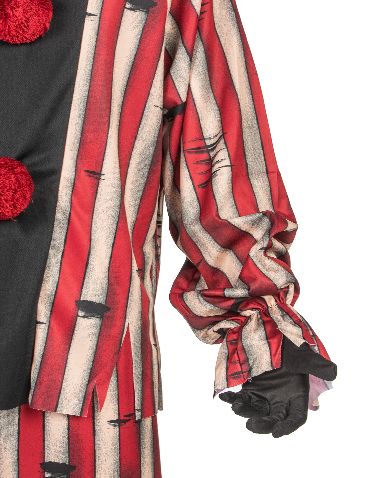 Détail de la manche et du buste du déguisement de clown démoniaque luxe pour adulte