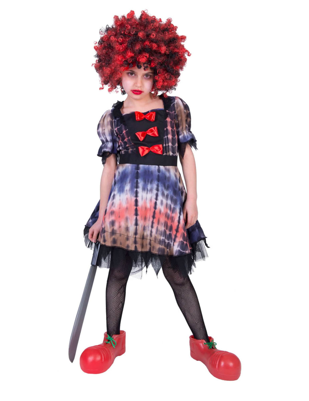 Costum de clovn înfricoșător pentru fată multicolor cu perucă roșu și neagră