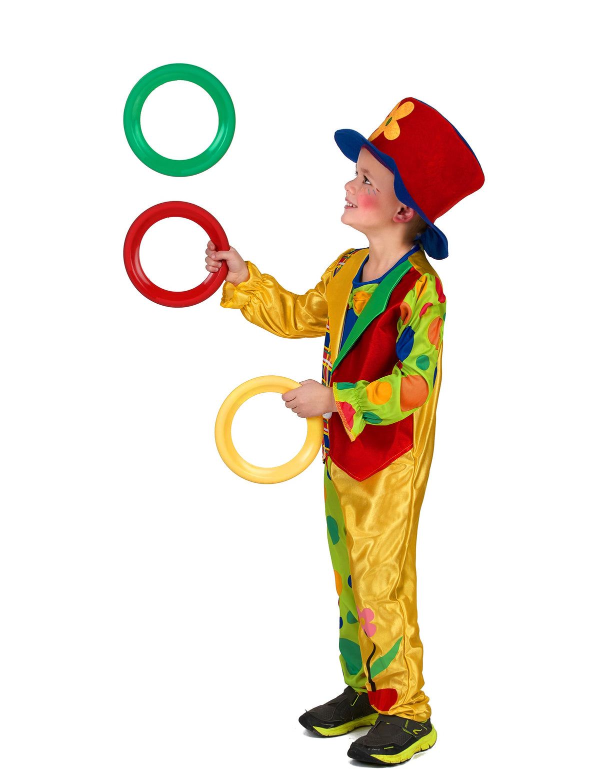Vue de profil avec anneaux de jonglage du déguisement clown pour garçon