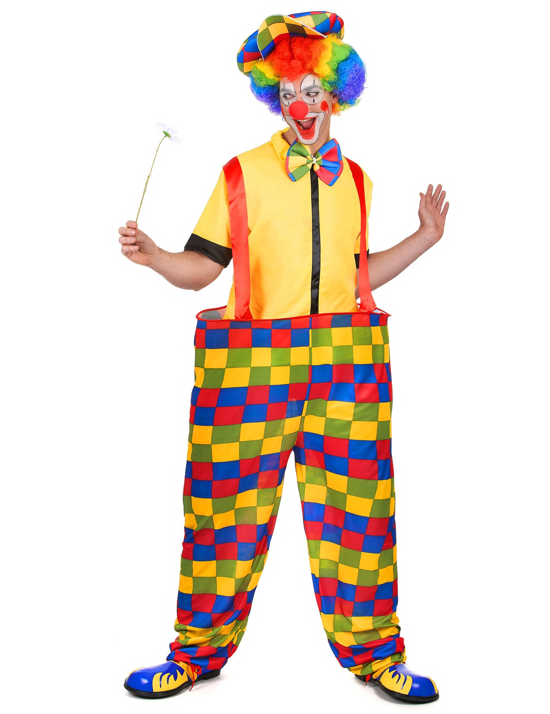 Costum de clown cu carouri colorate pentru bărbați galben și multicolor cu cerc