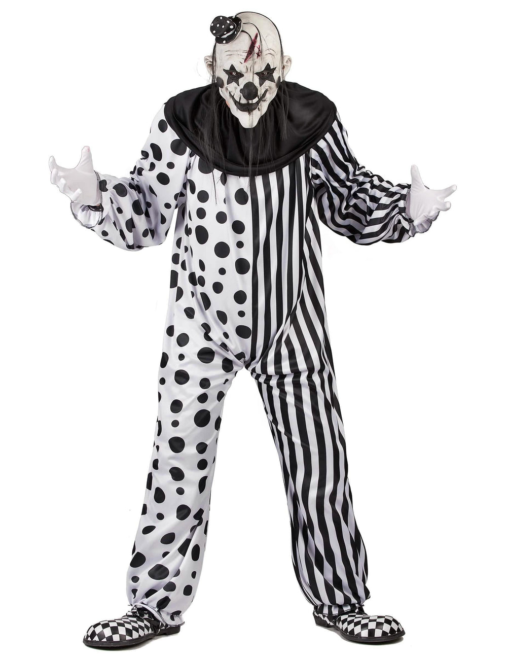 Costum de clovn monstruos pentru adult alb și negru cu buline și dungi