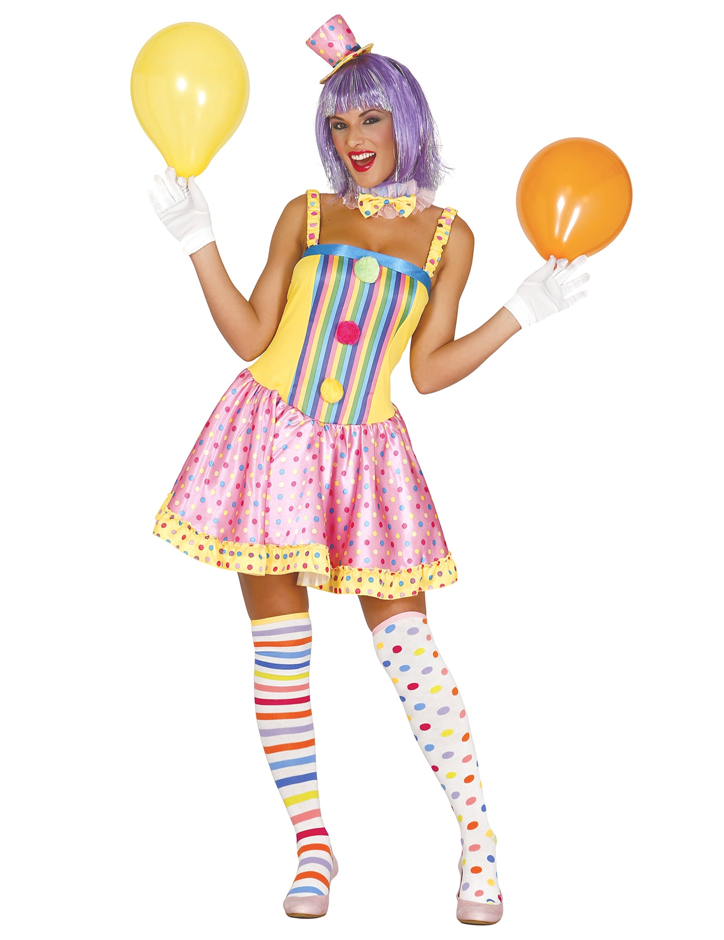 Déguisement clown pastel pour femme rose et jaune à pois et rayures multicolores