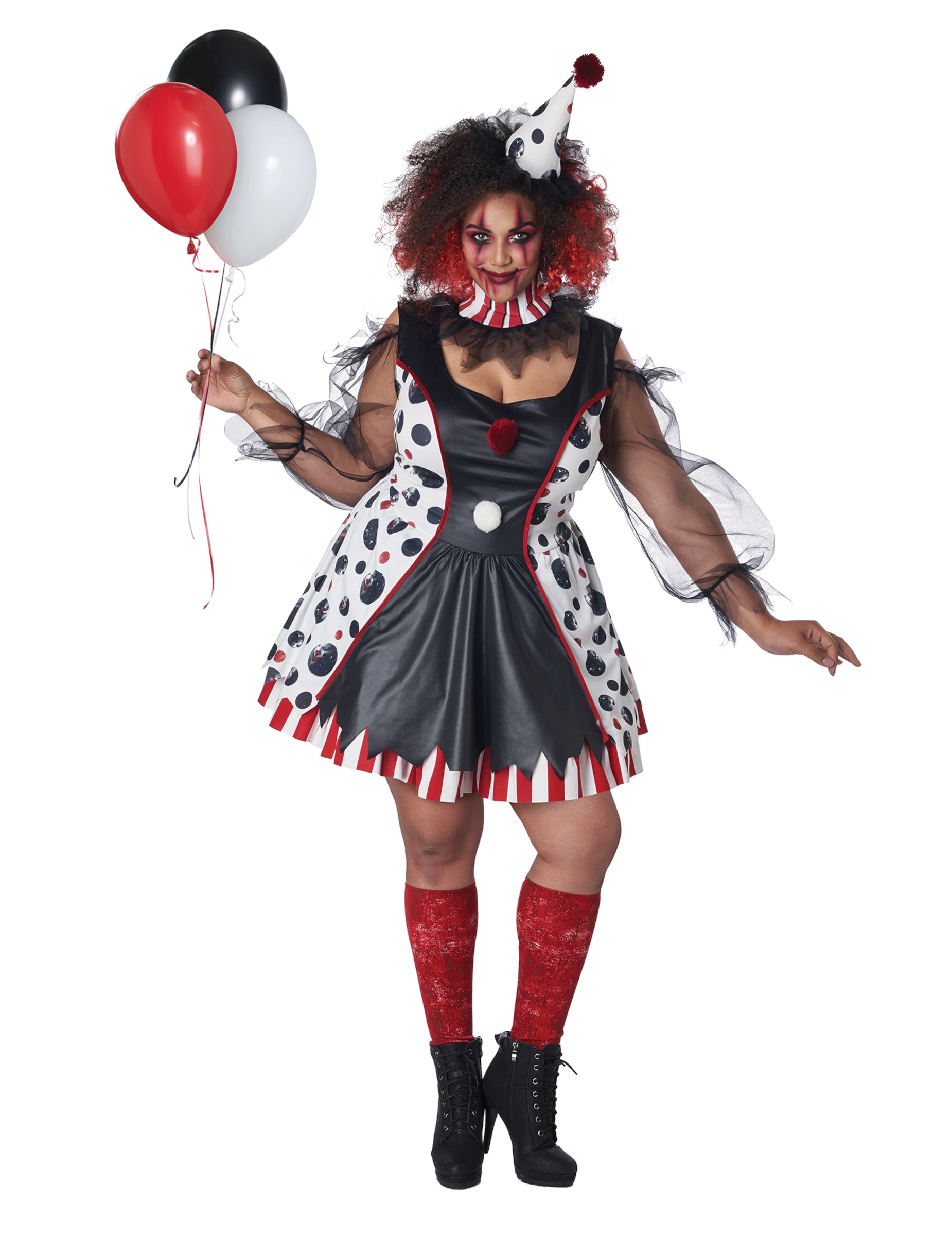 Déguisement clown psycho robe pour femme noir blanc et rouge à pois