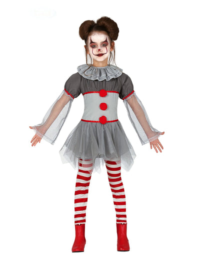 Déguisement de clown psychopathe pour fille gris et rouge avec legging rayé