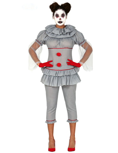 Déguisement de clown psychopathe pour femme gris avec pompons rouges