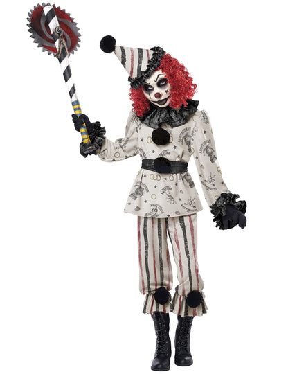 Déguisement de clown sinistre luxe pour enfant blanc et noir avec perruque rouge et scie