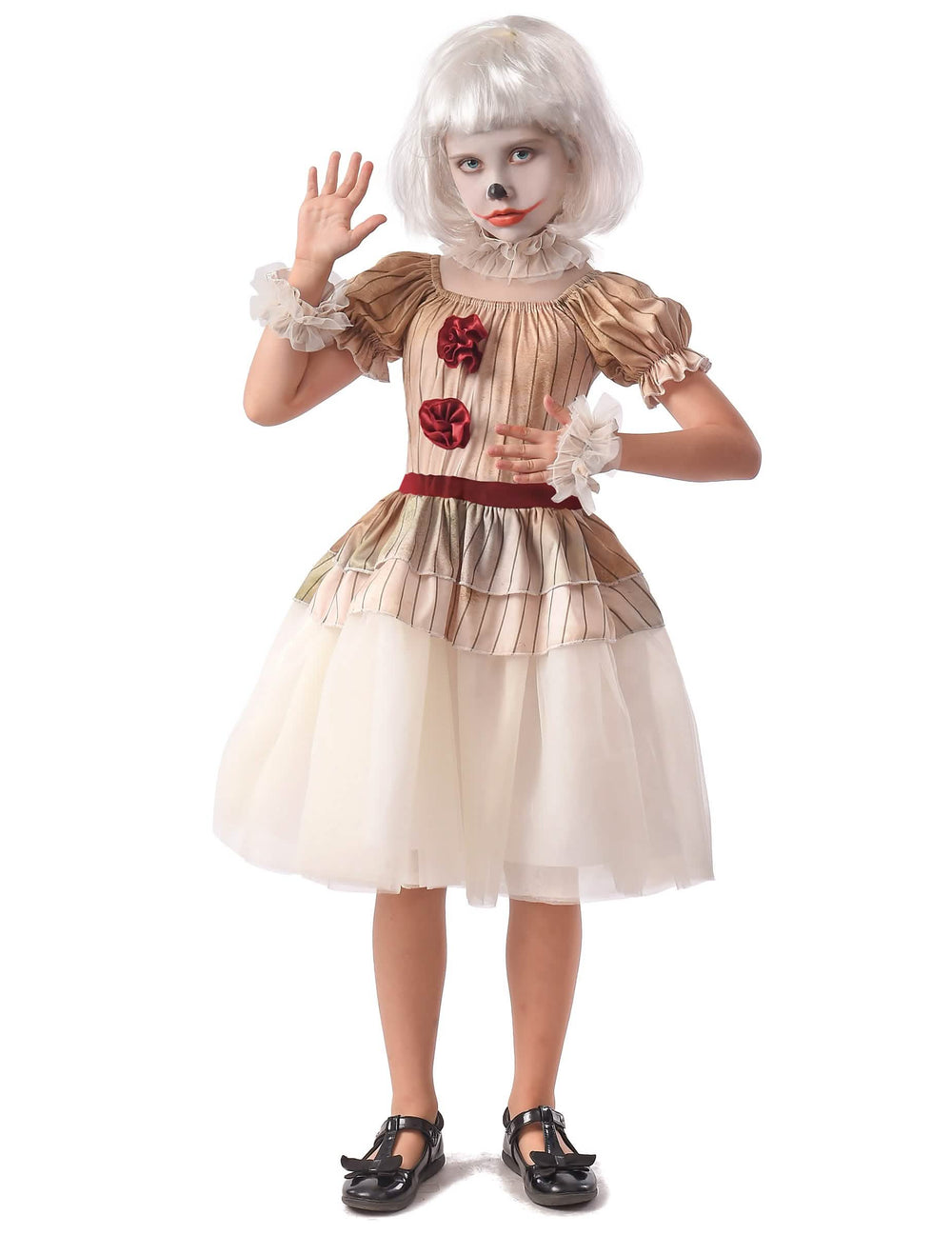 Costum de clovn terifiant pentru fată bej și alb cu dungi