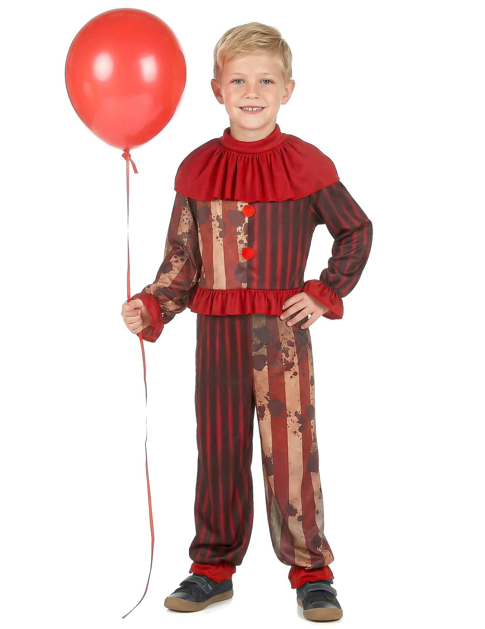 Balon roșu ținut cu costumul de clovn înfricoșător pentru băiat