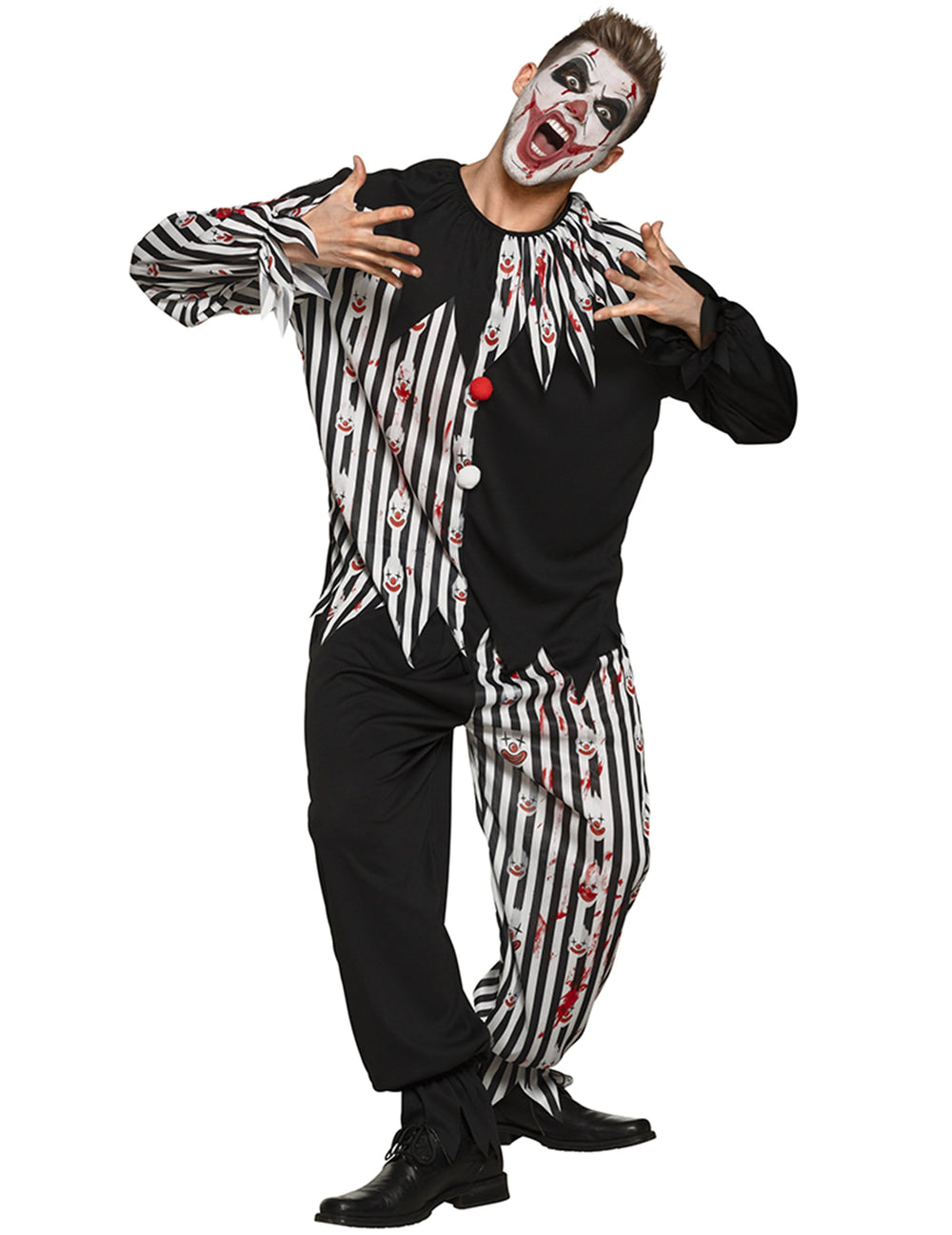 Déguisement clown triste ensanglanté pour adulte noir et blanc à rayures avec motifs sanglants
