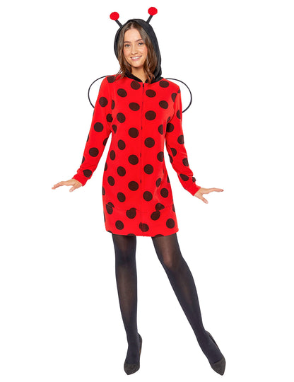Déguisement coccinelle à pois pour femme rouge et noir avec capuche et ailes