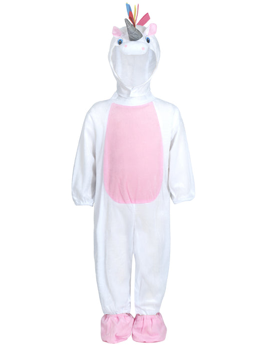 Vue de face du déguisement combinaison avec capuche licorne pour bébé