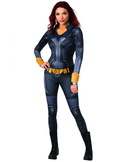 Déguisement combinaison Black Widow™ pour femme noir avec ceinture et bracelets dorés