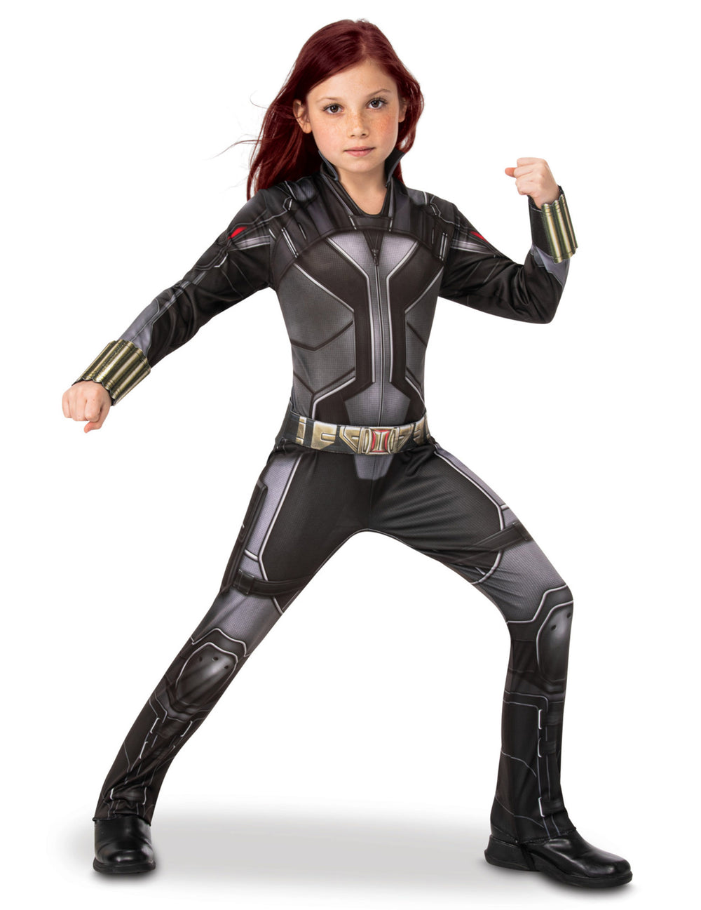 Déguisement combinaison Black Widow™ pour fille noir et gris avec ceinture imprimée