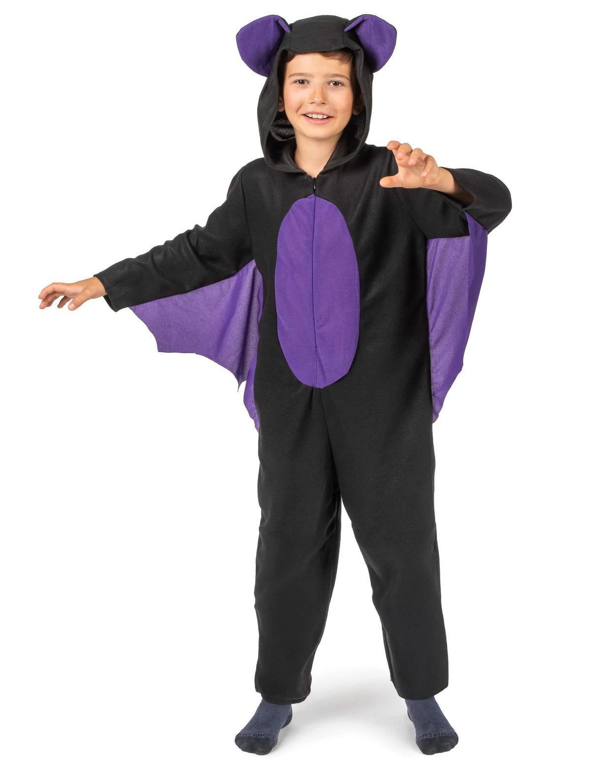 Costum de body liliac și negru pentru băiat, cu aripi și glugă cu urechi