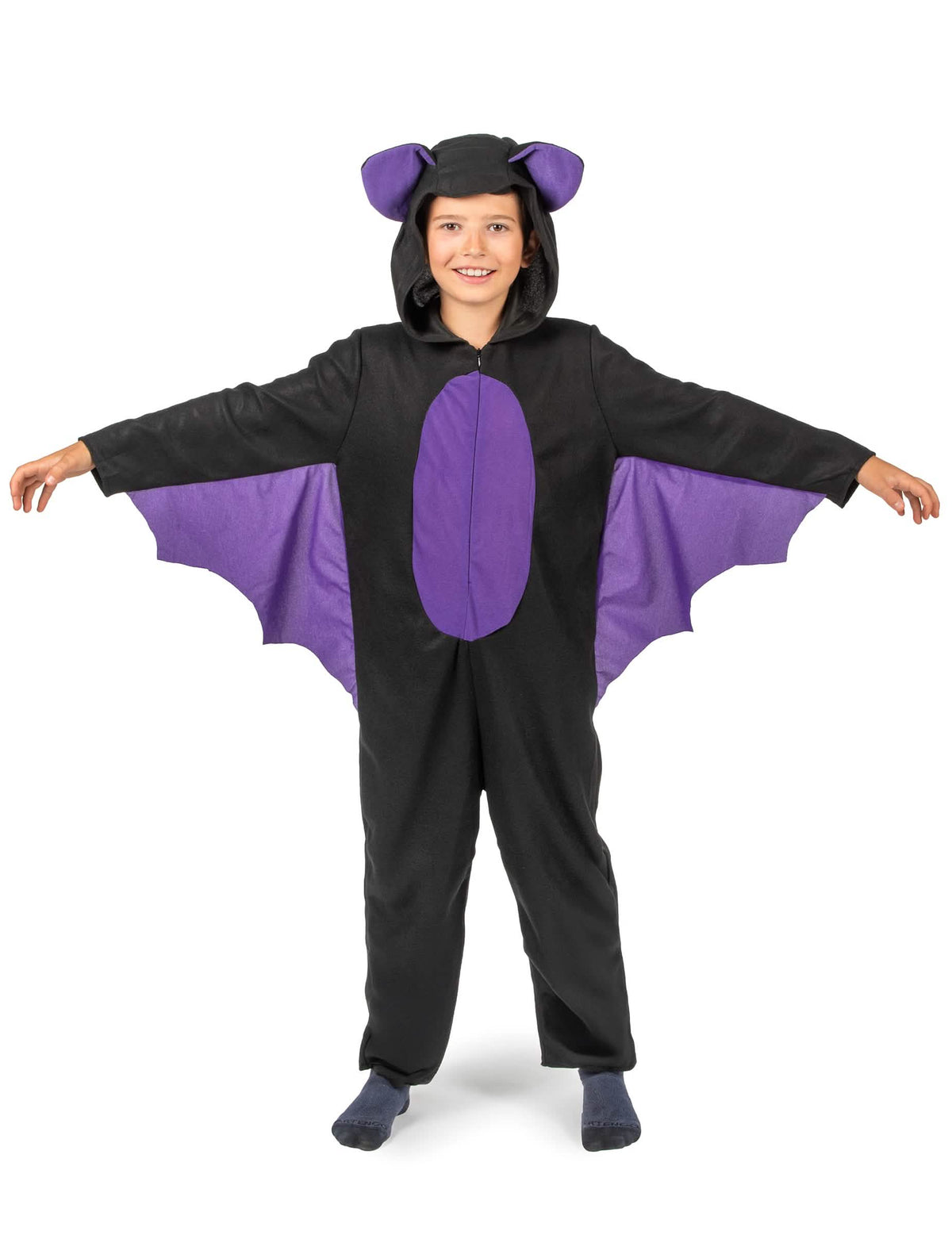 Vedere din față, cu brațele depărtate, a costumului combinezon liliac