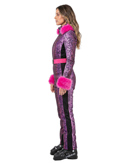 Costum salopetă de schi cu imprimeu șarpe mov damă