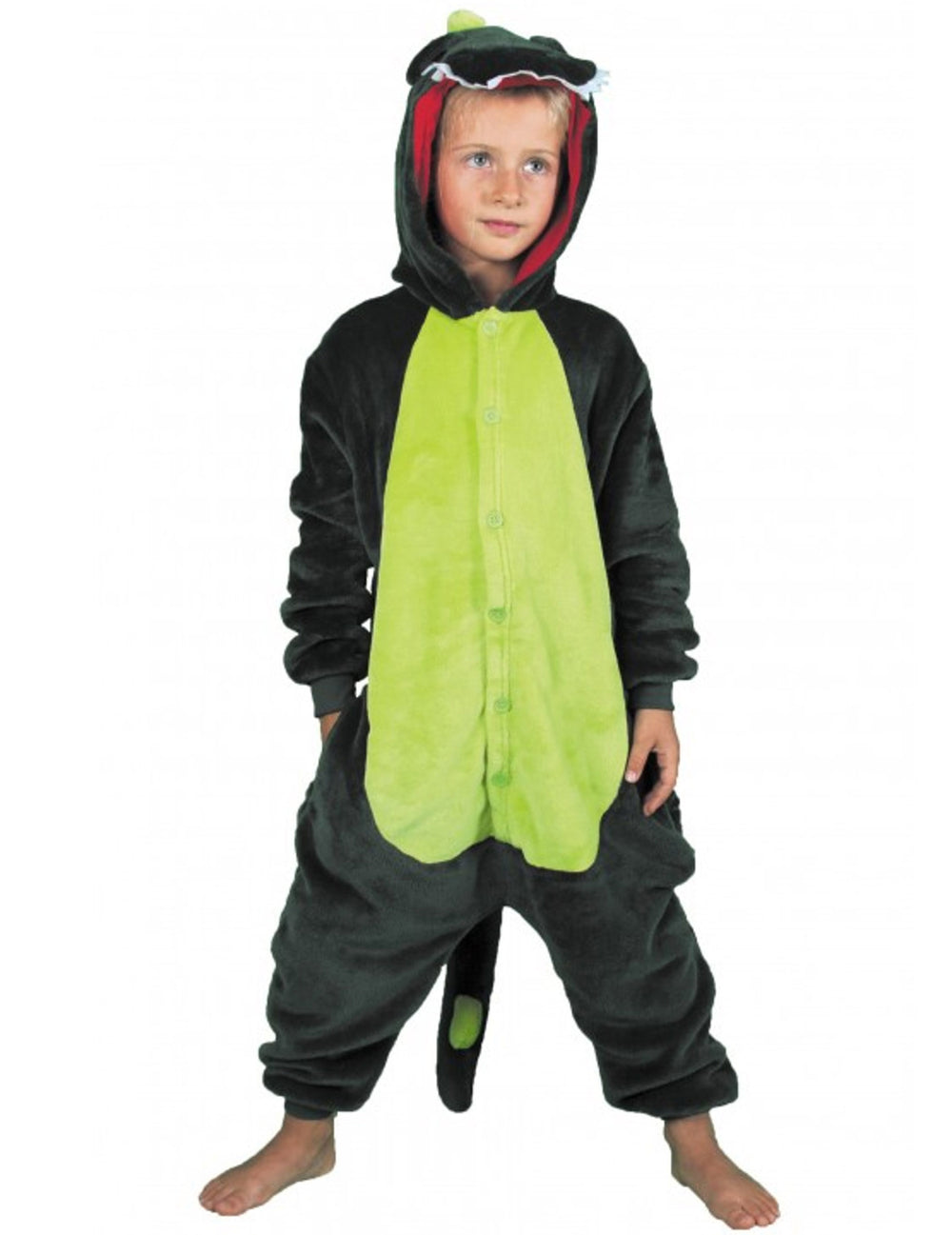 Déguisement combinaison dino pour enfant vert avec capuche et queue
