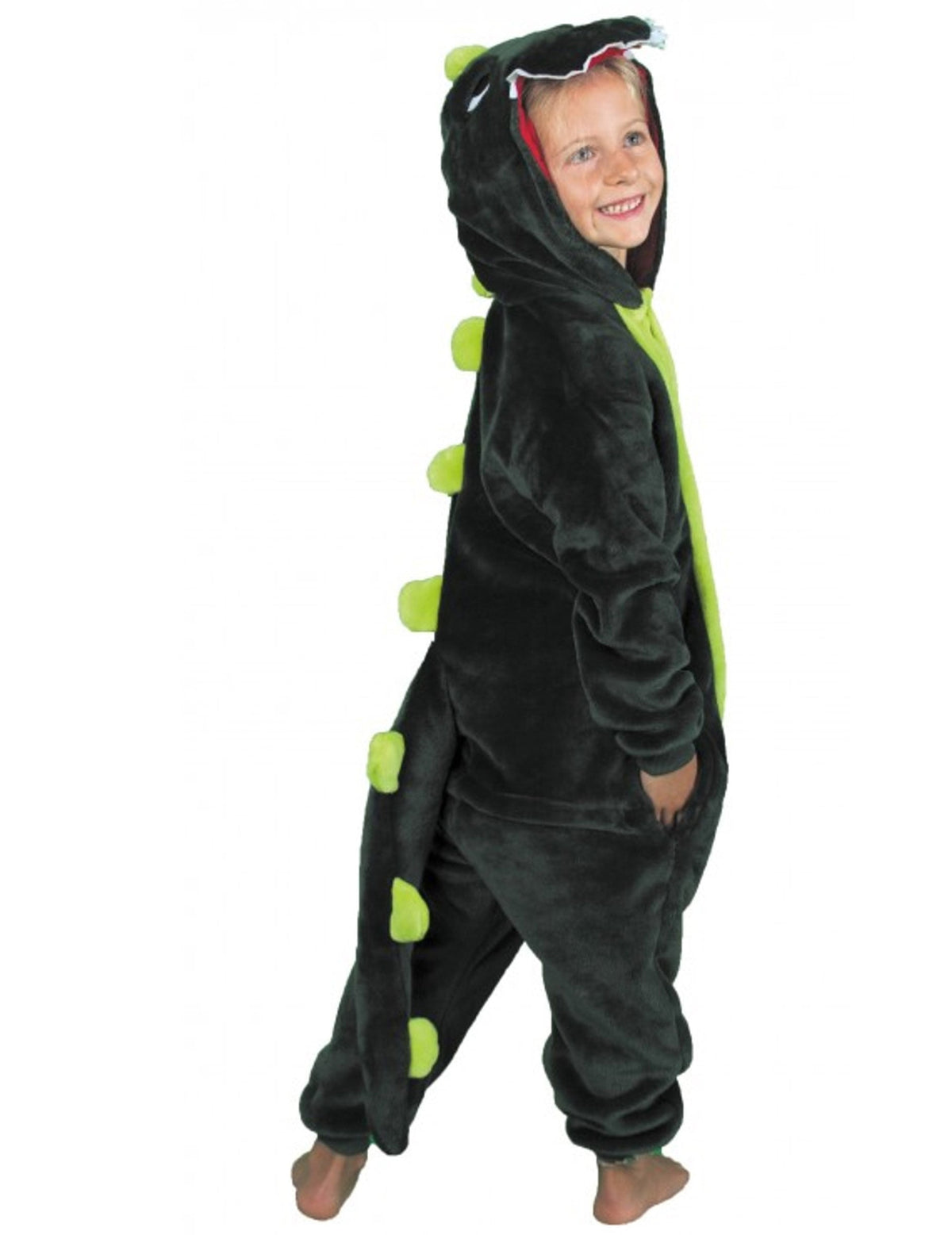 Vue de profil et de dos du déguisement combinaison dino pour enfant
