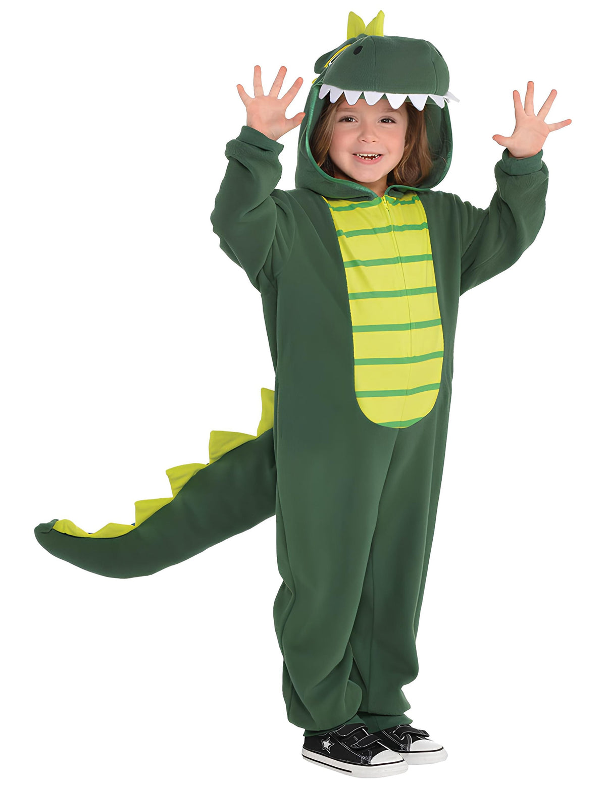 Déguisement combinaison de dinosaure pour enfant vert et jaune avec queue et capuche