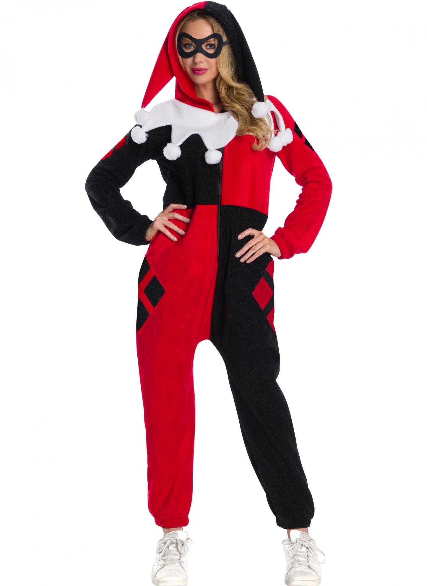 Déguisement combinaison Harley Quinn pour adulte rouge et noir avec capuche et loup