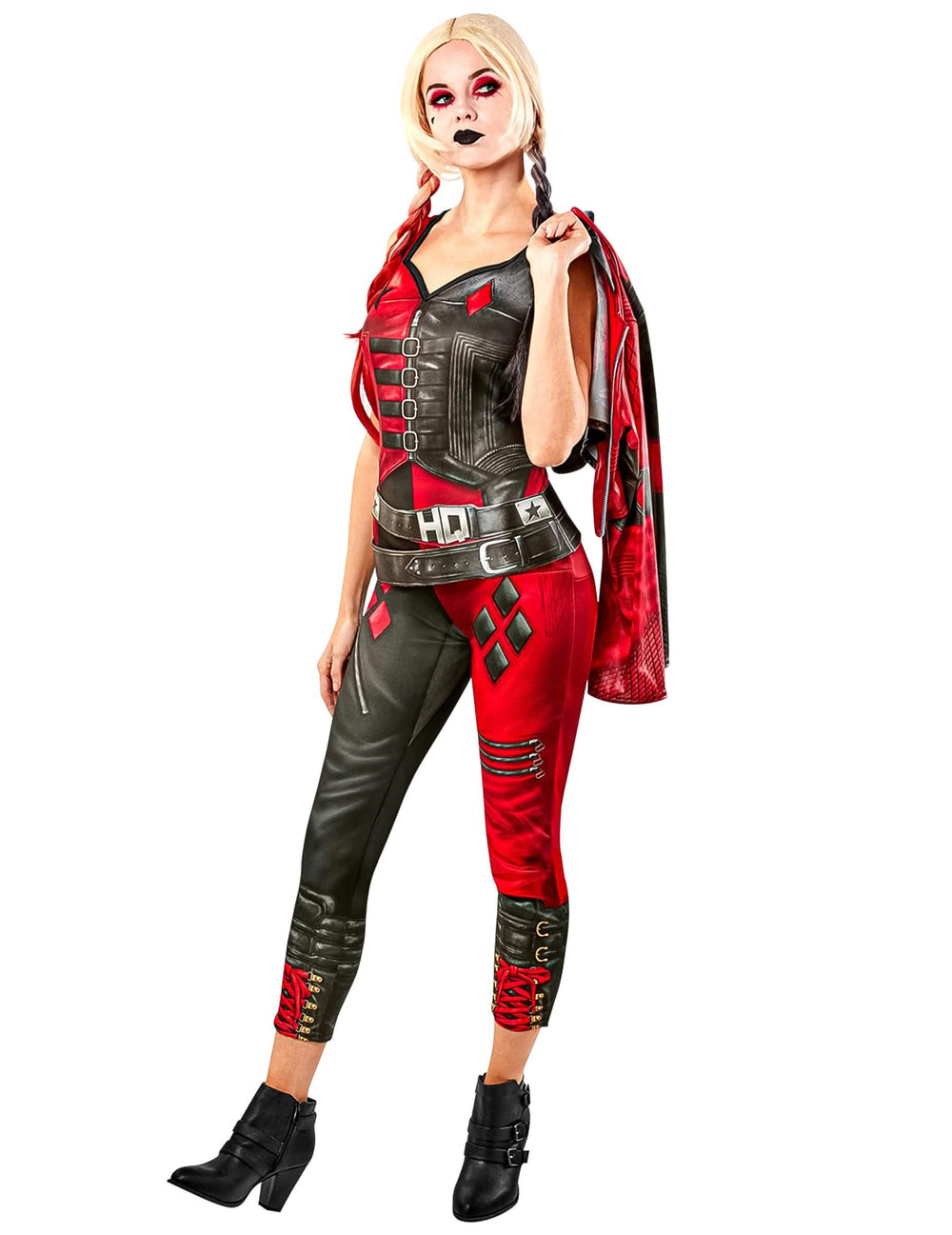 Vedere din trei sferturi cu jachetă a costumului salopetă Harley Quinn Suicide squad 2