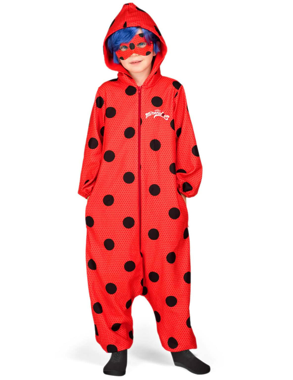 Costum combinaison Ladybug pentru copil roșu cu puncte negre, cu glugă și mască