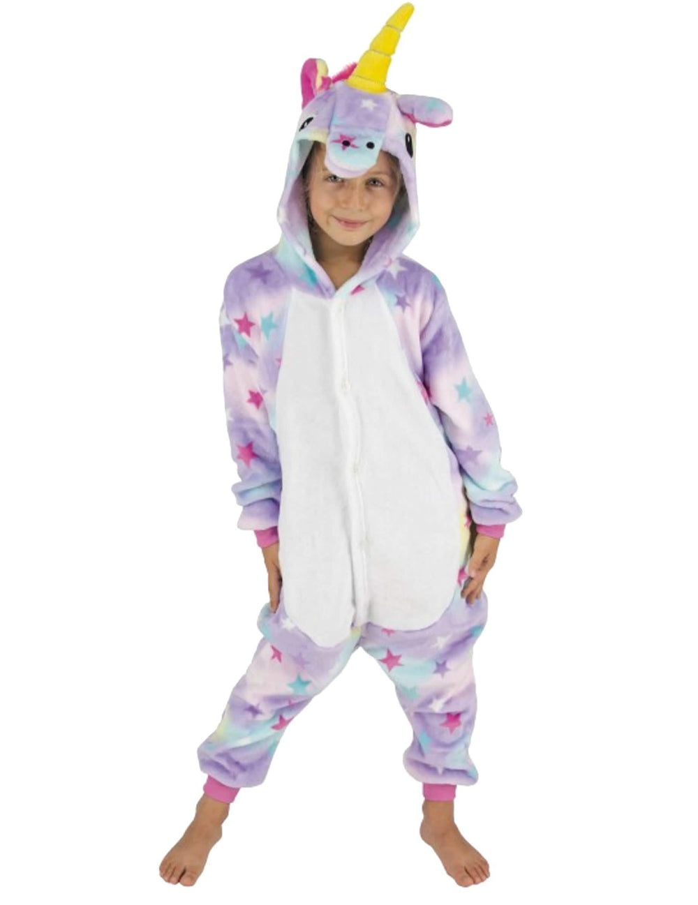 Costum combinație unicorni cu stele pentru copil mov și alb cu corn galben