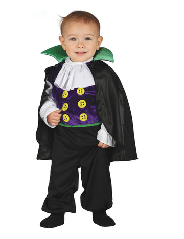 Déguisement combinaison petit comte vampire pour bébé noir violet et vert avec boutons jaunes