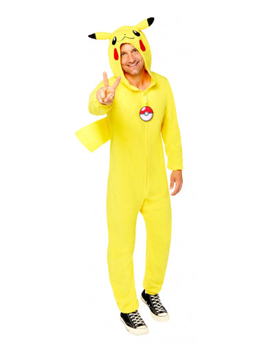 Costum combinație Pikachu Pokémon pentru adult, galben, cu glugă și Pokéball