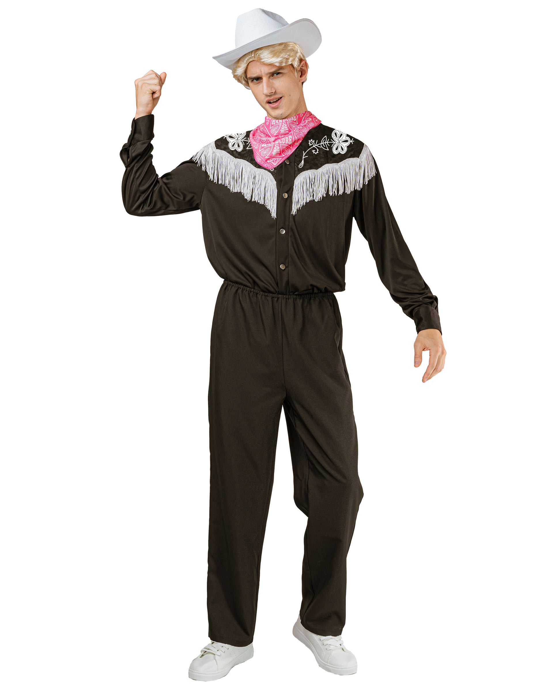Déguisement complet cowboy pour homme noir et blanc avec chapeau et bandana rose