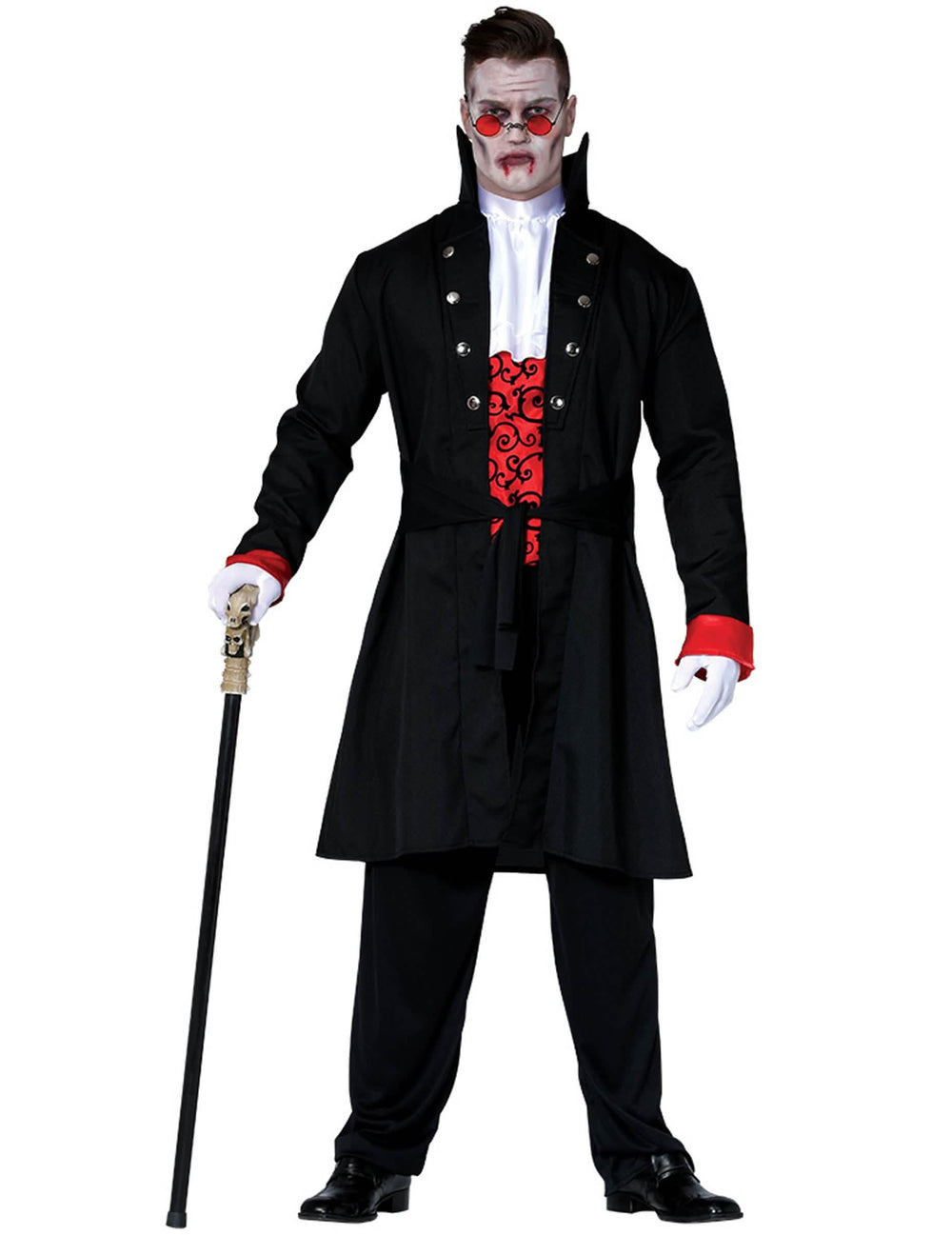 Costum de conte vampir pentru bărbat negru și roșu cu palton lung