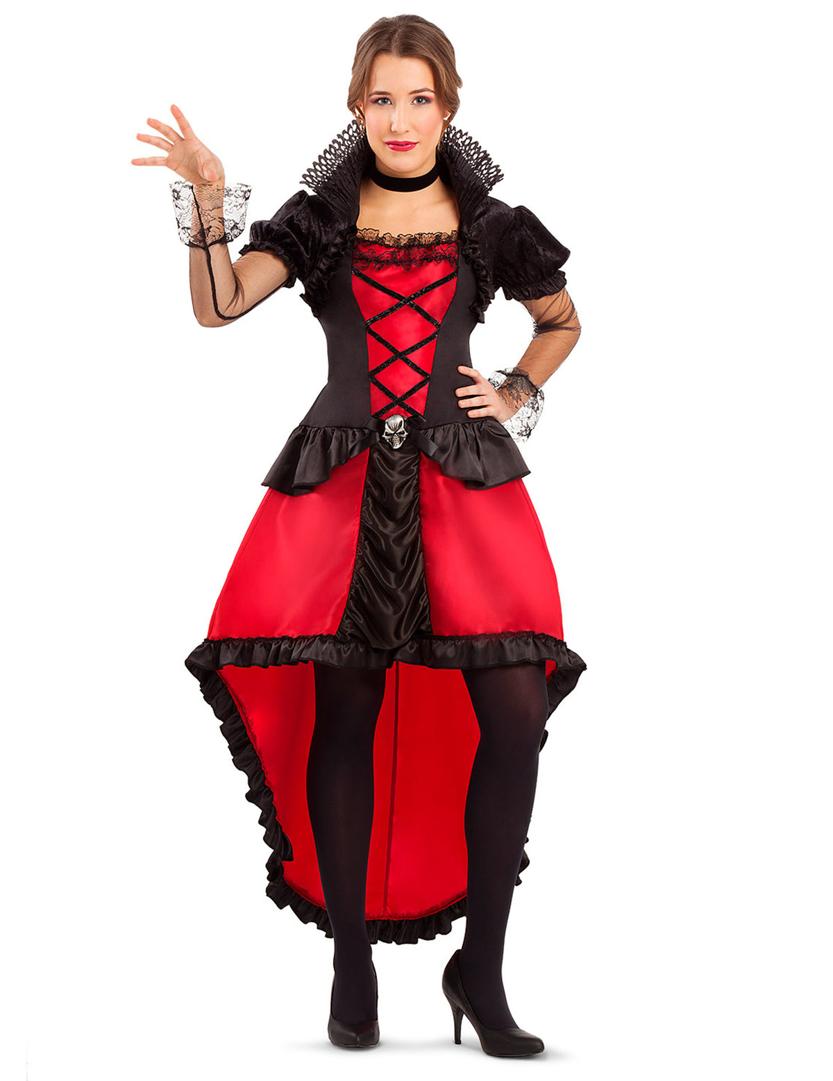 Déguisement comtesse vampire pour femme rouge et noir avec col montant