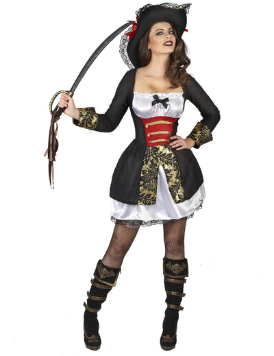Déguisement corsaire sexy pour femme noir, blanc et doré avec chapeau