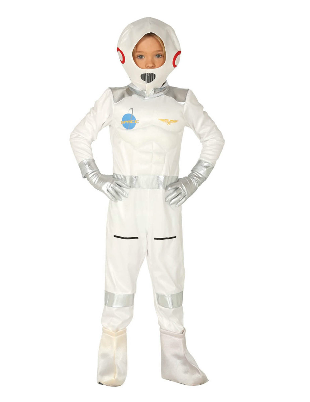 costum de cosmonaut pentru copil alb și argintiu cu cască