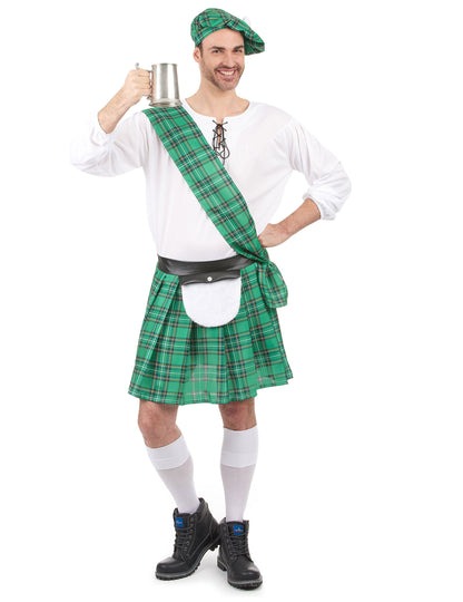 Costum scoțian pentru bărbați verde și alb cu kilt și beretă