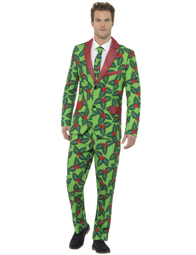 Costum de Crăciun cu ilfin pentru adulți, verde, cu modele de frunze și fructe roșii