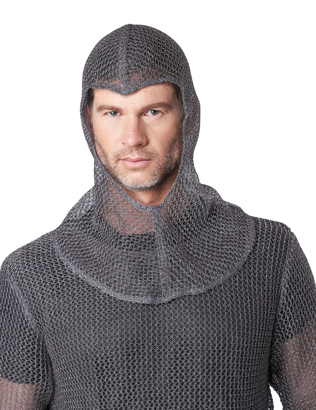 Gros plan sur la cagoule du déguisement côte de maille chevalier luxe