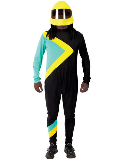 Costum de bob pentru adult, negru, galben și verde, cu cască