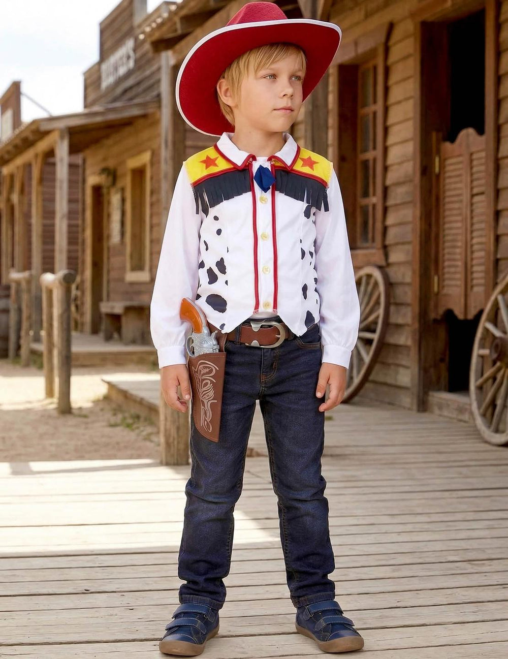 Punere în scenă într-un decor western a costumului de cowboy pentru băiat
