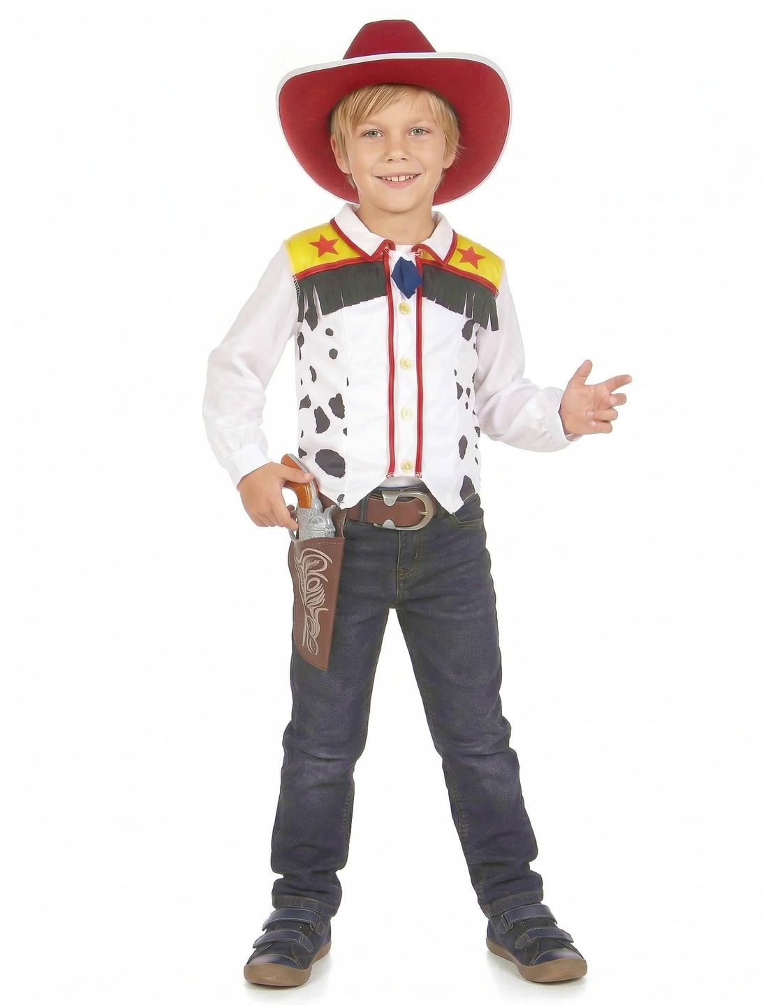 Costum de cowboy pentru băiat alb cu pete negre, cu vestă cu franjuri și pălărie roșu
