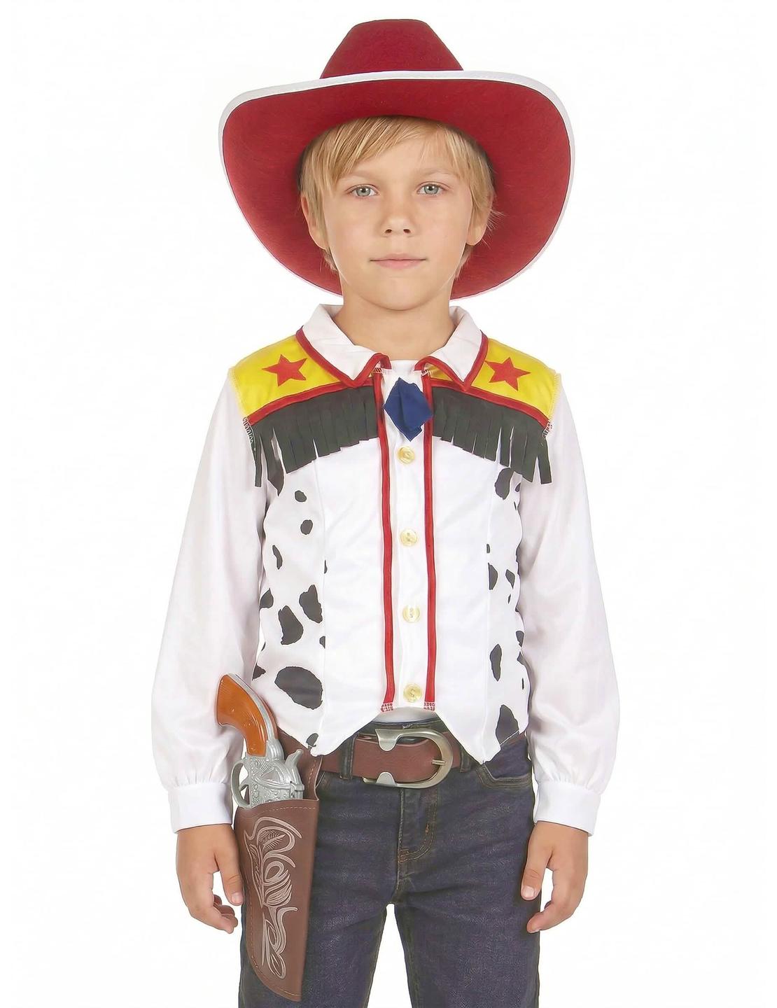 Prim-plan pe vestă și pălăria costumului de cowboy pentru băiat