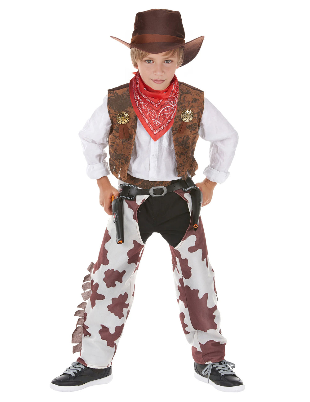 Déguisement cowboy luxe pour garçon marron et blanc motif vache