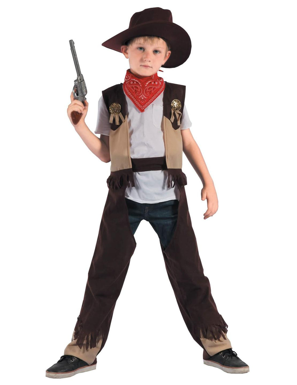 Costum de cowboy rodeo pentru băiat maro și bej cu pălărie și bandană roșu