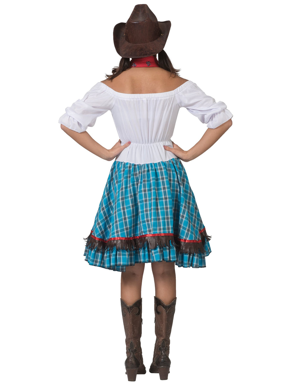 Vue de dos du déguisement cowgirl à carreaux bleus