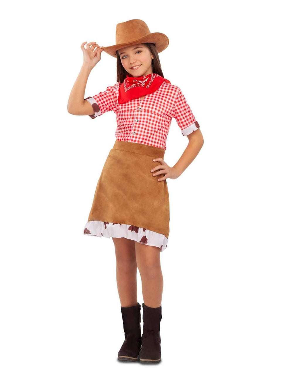 Costum de cowgirl din Vest pentru fată roșu și maro cu l pălărie