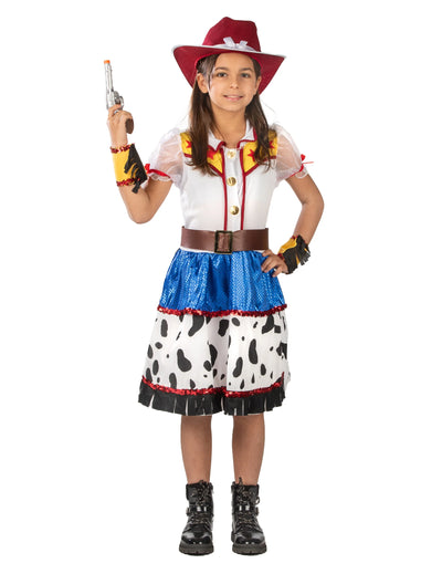 Déguisement cowgirl dessin animé pour fille avec chapeau rouge et jupe à motif vache