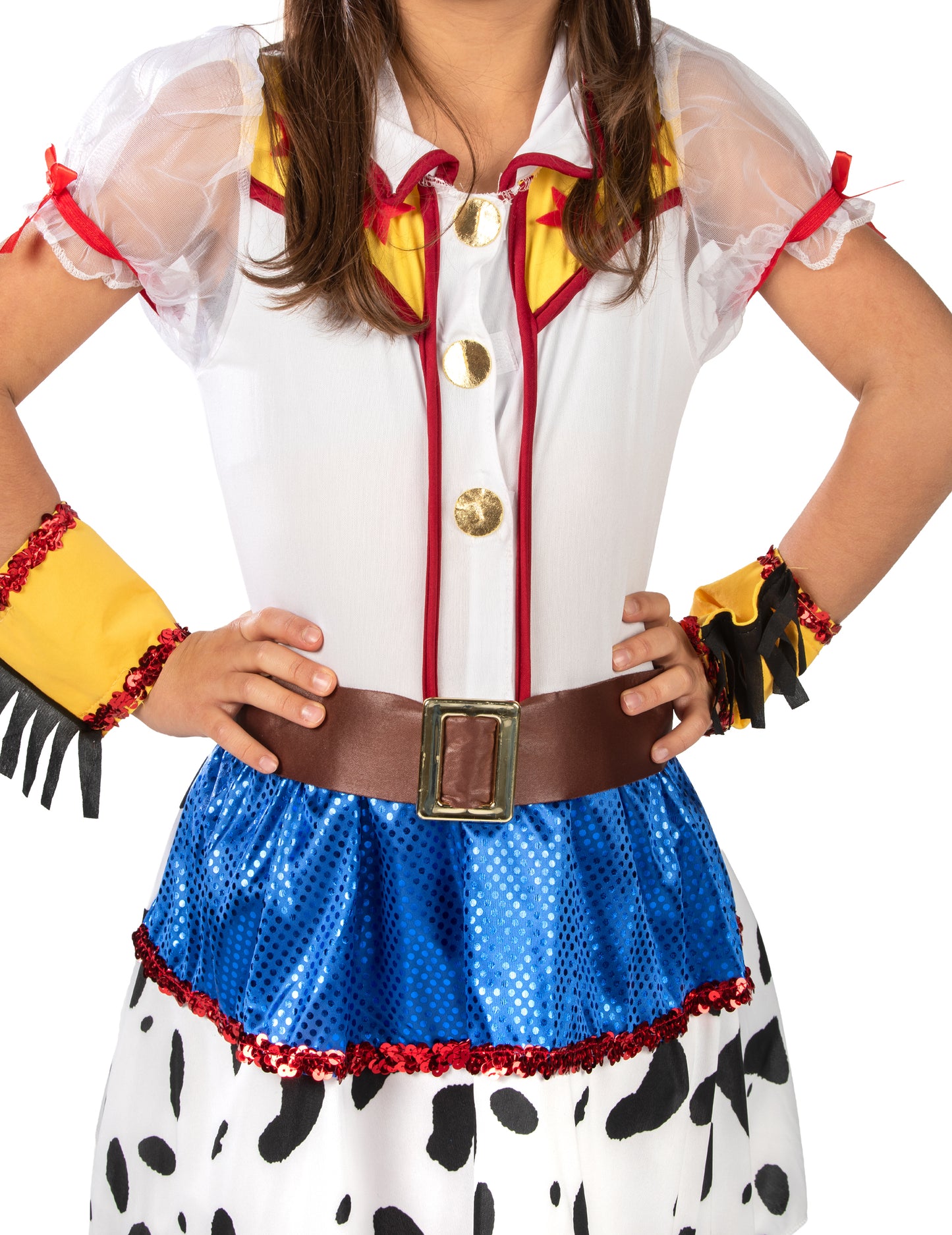 Gros plan sur le buste et la ceinture du déguisement cowgirl dessin animé